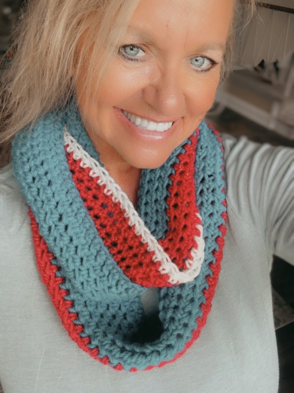 Handcrafted Crochet Infinity Scarf in Teal, Red & White